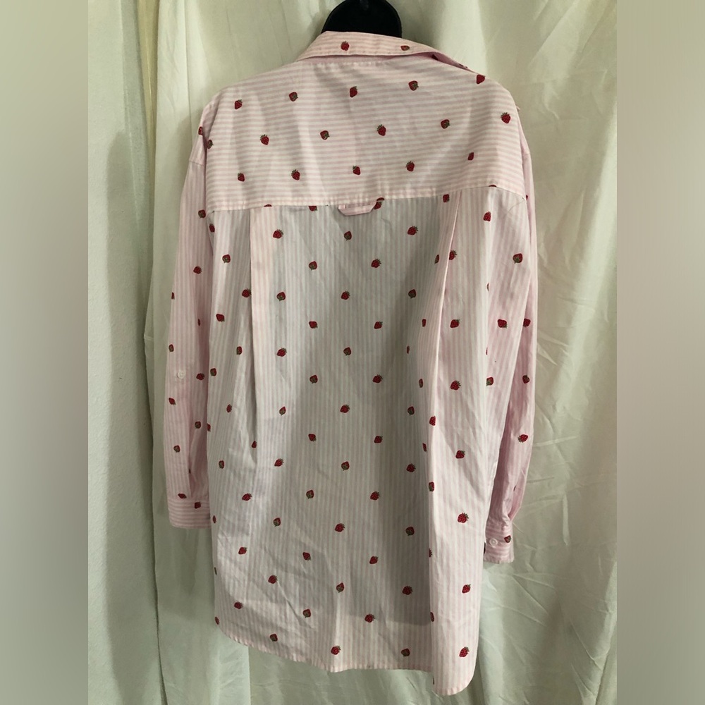 Nine West pink white striped strawberry button down menswear shirt size large - Picture 16 of 16